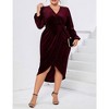 Women's Plus Size Velvet Dress V Neck Long Sleeve Bodycon Ruched Wrap Dress Casual Party Cocktail Dresses - 3 of 4