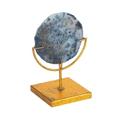 Blue Agate Stone Slice on Gold Metal Stand