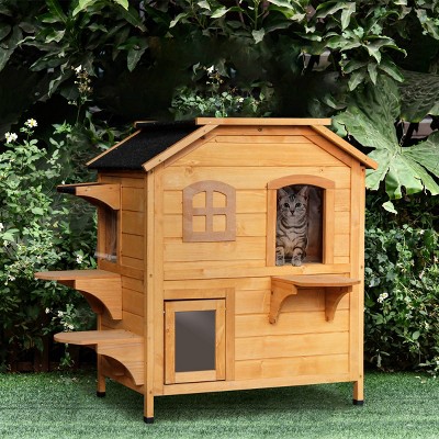 2 Story Outdoor Cat House,Weatherproof Wooden Cat Shelter with Escape Door Openable Roof and Platforms for Feral Cats,Natural - LAOTIES