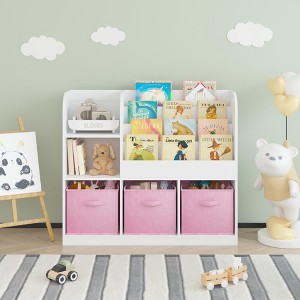 Okak Kids Bookshelf, Multifunctional Small Bookshelf with 3 Shelves and 3 Fabric Drawers, Display Case for Kids Room, Living Room, Playroom, Pink - 1 of 4