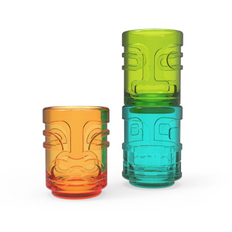 True Zoo Tiki Shot Glasses for Cocktails - Stackable Tropical Glassware Shot Glass Set, Tiki Colored Glass, Holds 2 Ounces, Multicolor, Set of 3, 1 of 8