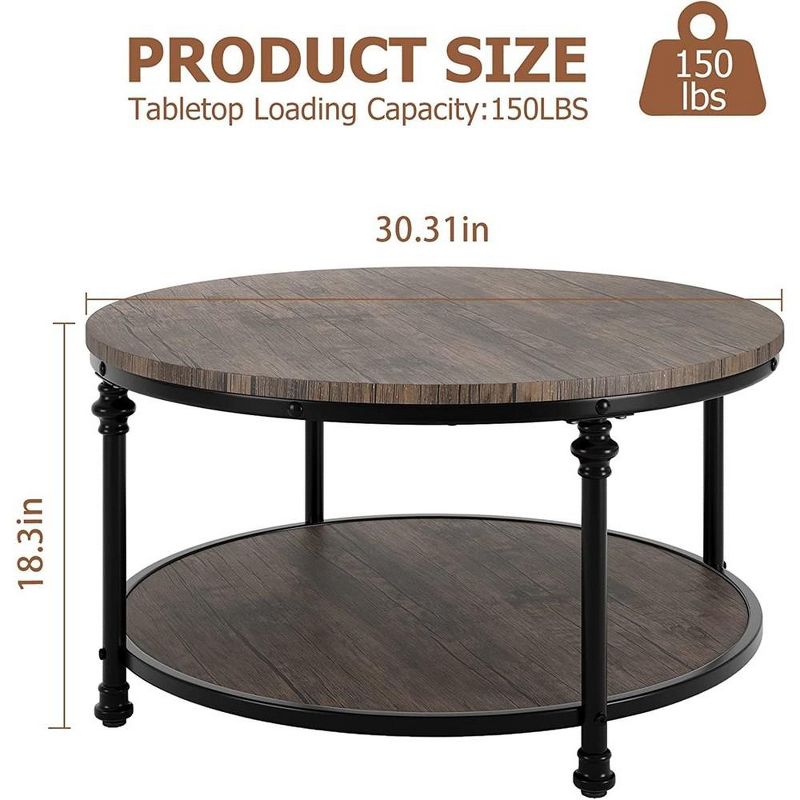 Round Coffee Table for Living Room Rustic Center Table with Storage Shelf Wood Circle Coffee Table 30.3"in(Light Walnut), 5 of 6