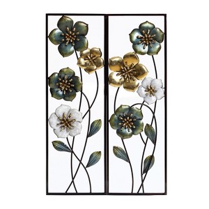 LuxenHome Set of 2 Metal Green, White, and Gold Wild Flowers Wall Decor Multicolored - 1 of 4