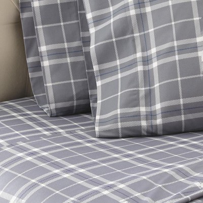 Twin Gray Plaid Cotton and Polyester Flannel Sheet Set