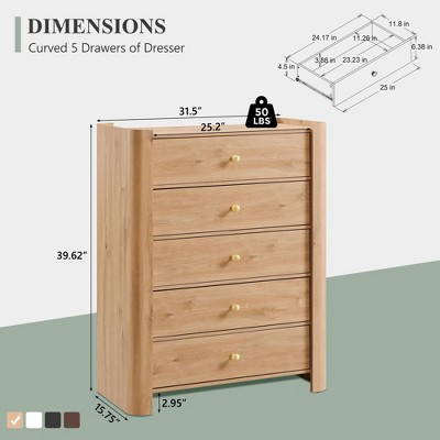 Modern 5 Drawer Dresser with Curved Profile 39.6 "Tall Wooden Chest with Golden Metal Handles Storage Cabinet for Bedroom Living Room Hallway
