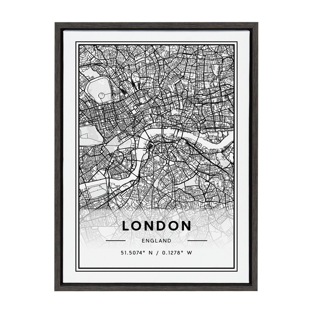 Photos - Other Decoration 18" x 24" Sylvie London Modern Map by Jake Goossen Framed Wall Canvas Gray - Kate & Laurel All Things Decor