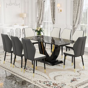NicBex Dining Table Set for 8 Dining Room Table Set Black Marble Pattern Tempered Glass Dining Table Set with 8 PU Chairs for Dining Room - 1 of 4