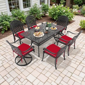 6-Person Cast Aluminum Patio Dining Set with Rectangle Table, 2 swivel chairs and 4 fixed dining chairs, Red Cushions and Umbrella Hole - 1 of 4