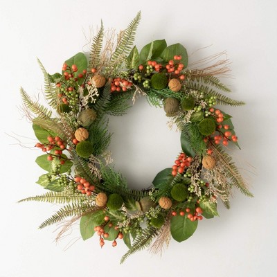 Sullivans Artificial Foraged Berry Pod Wreath 24"H; Green