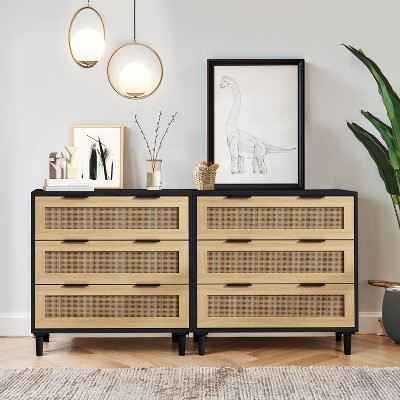DOMETOUR 3-Drawers Rattan Storage Cabinet Rattan Drawer (Set of 2) for Bedroom Living Room Dining Room Hallways