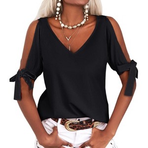 Imily Bela Women Summer V Neck Cold Shoulder Tops Loose Casual Tee Chic Cutout Blouse - 1 of 4