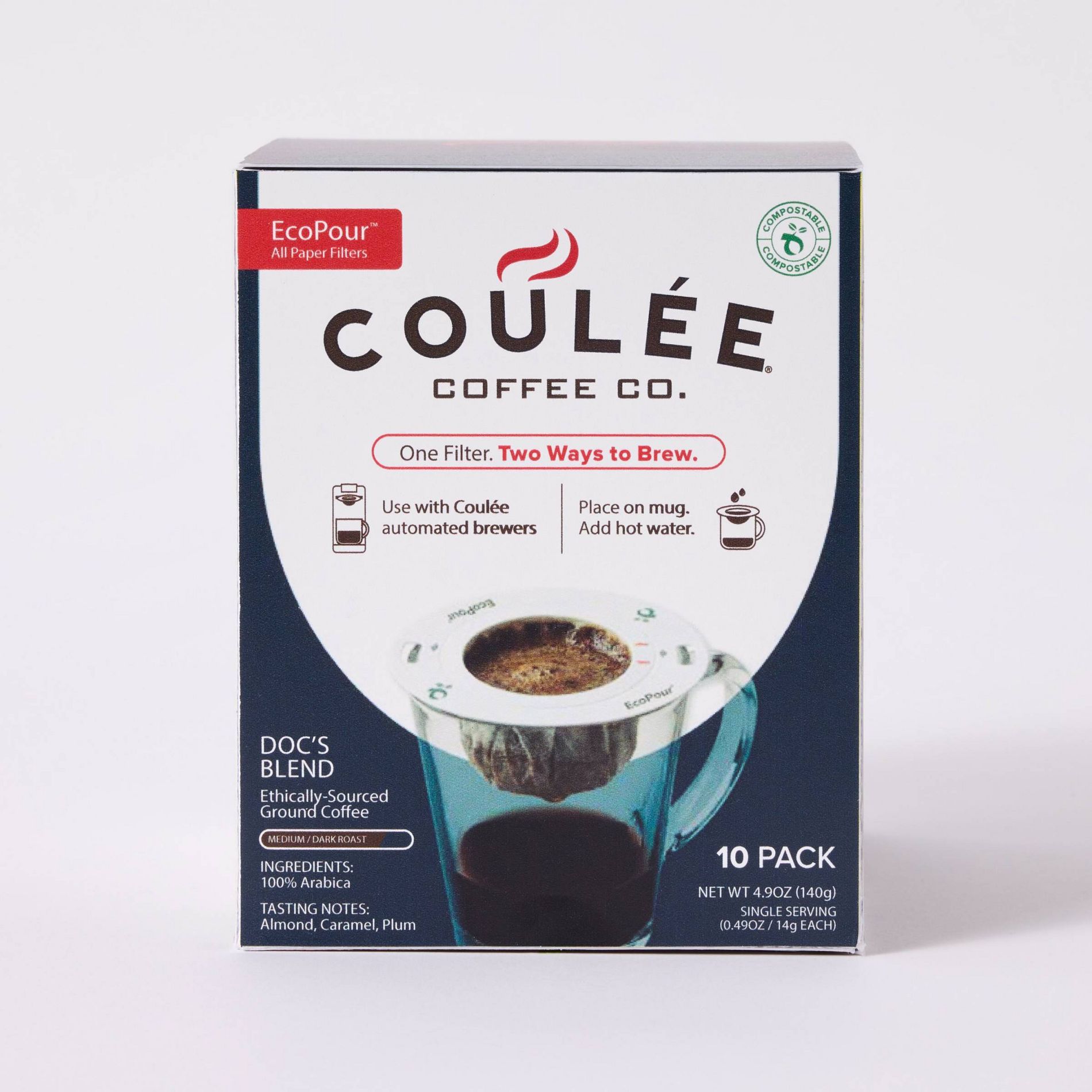 Coulee Coffee Co Doc's Blend Arabica Dark Roast EcoPour Filters -14gm/10ct