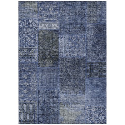 Navy Blue And Charcoal Patchwork Washable Indoor Outdoor Area Rug