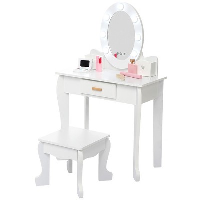 Coucheta Kids Vanity Set with Lighted Mirror & Stool, Toddler Vanity Table and Chair Set, Wooden Makeup Playset, Makeup Table and Stool for Girls