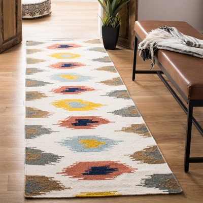 Ivory and Multicolor Wool Flat Woven Runner Rug