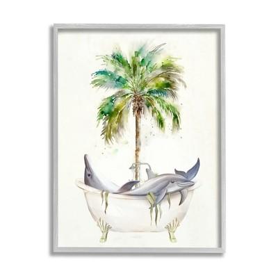 Stupell Industries Tropical Dolphins Bathroom Tub Framed Giclee
