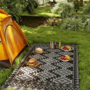 NAYSAYE 9' x 18' Reversible Outdoor Patio Rug Portable Camping Area Mat Waterproof for Backyard Porch Picnic, Black and Gray - 1 of 4