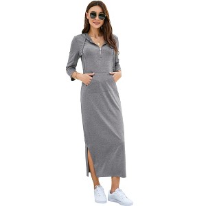 3/4 Sleeve Pullover Zipper Neckline (Front Pocket) Hooded Sweater Side Slit Dress - 1 of 4