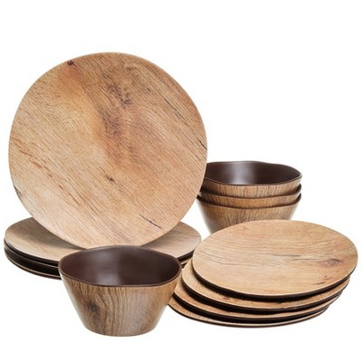Wood Grain Semi-Matte Melamine Outdoor Dinnerware Set, Service for 4