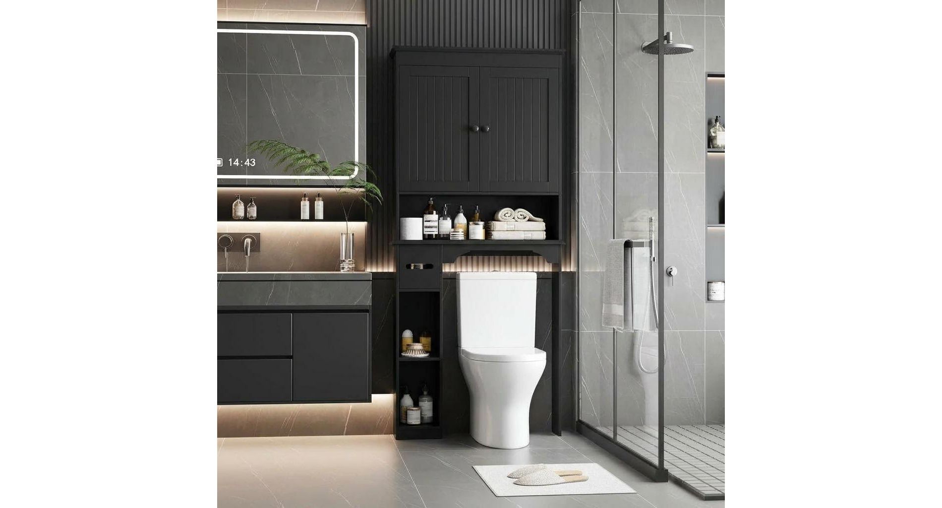 30 Inches Wide Toilet Rack with Over The Toilet Storage Cabinet, Bathroom Shelf Organizer with Anti-Tip Device, Small Freestanding Space Saver