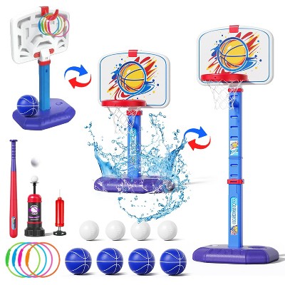 Skirfy 3 in 1 Basketball Hoop, Adjustable Height Mini Poolside Toddler Basketball Hoop with T Ball Set, Indoor Outdoor Toys for Boys Girls