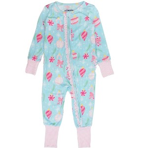 RuffleButts SoftSnooze Baby Girls Holiday Convertible Ruffle One Piece Pajama - 1 of 2