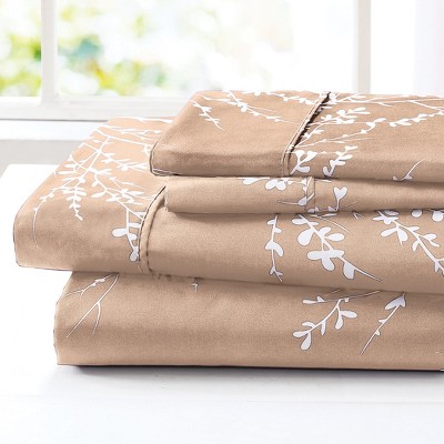 Taupe Floral Queen Size Microfiber Polyester Bed Sheet Set