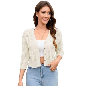Coolmee Women's 3/4 Sleeve Crochet Button Cardigan Cropped Shawl Lightweight Sweater Top - 1 of 4