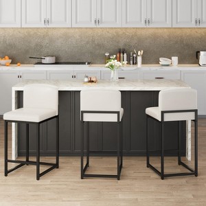 Modern Bar Stools Set of 2 – White Faux Leather Upholstery, Comfortable Backrest, Metal Legs, Counter Height Chairs - 1 of 4