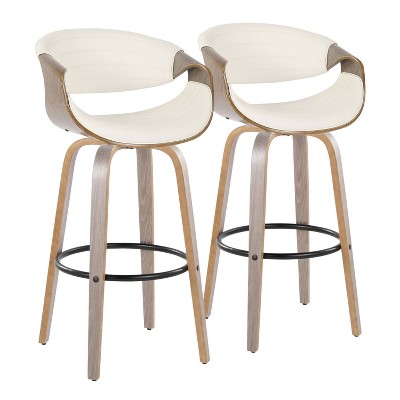 LumiSource Set of 2 Symphony Barstools Light Gray Wood/White PU/Black Metal: Fixed-Height, Swivel