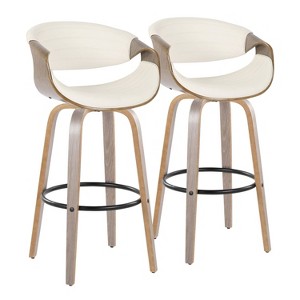 LumiSource Set of 2 Symphony Barstools Light Gray Wood/White PU/Black Metal: Fixed-Height, Swivel - 1 of 4