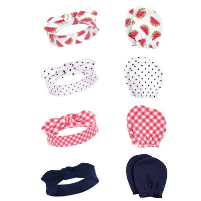 Hudson Baby Infant Girl Cotton Headband and Scratch Mitten Set, Watermelon, 0-6 Months