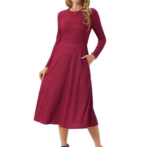 INSPIRE CHIC Women's Long Sleeve Round Neck Casual Stretchy A-Line Midi Dress - 1 of 4