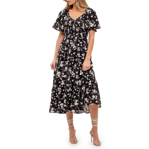 August Sky Women's Short Flounce Sleeves Floral Midi Dress, Black ...