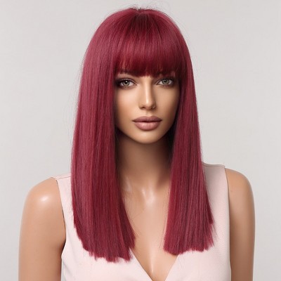 Jessie's Wig 16 Inch straight Bangs With Wig Blunt Cut Synthetic Hair Burgundy Color 1 Pc/Pack