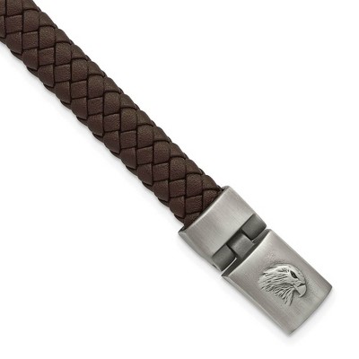 Black Bow Jewelry Stainless Steel & Brown Braided Leather Eagle Head Bracelet, 8.75 Inch