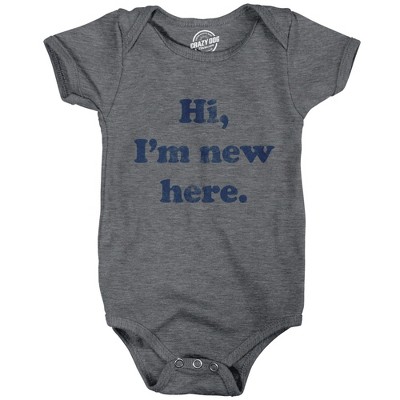 Image of Baby Bodysuit Hi, I'm New Here Funny Cute Novelty Graphic Jumper For Infants - Crazy Dog Baby Bodysuit Dark Grey 6 Months