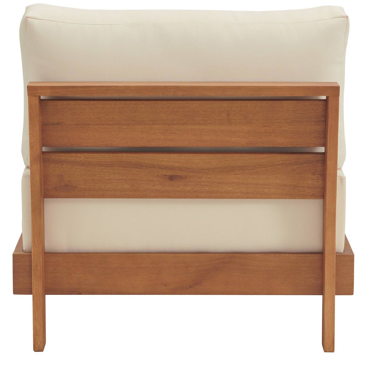Back view outdoor arm chair with cream cushion and wood slats