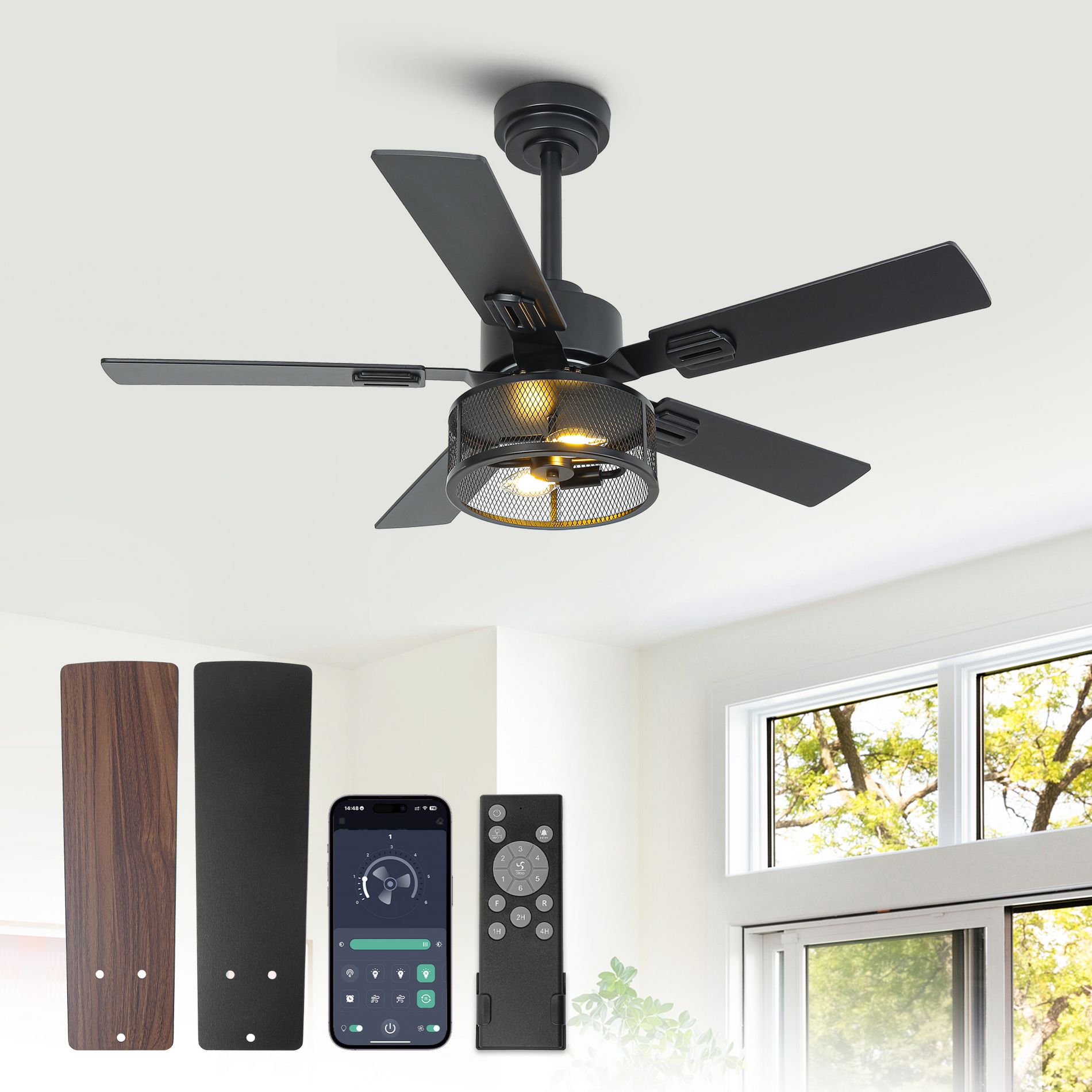 VACZON Black Modern Industrial Smart Ceiling Fan with Lights and Remote- Metal APP Ceiling Fan Light Works with FanLamp Pro