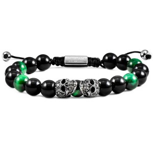 Crucible Men's Double Skull Green Tiger Eye and Onyx Stone Bead Adjustable Bracelet - 1 of 4