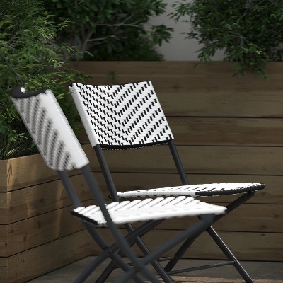 Black and White PE Rattan Folding Bistro Chairs with Metal Frames, Set of 2
