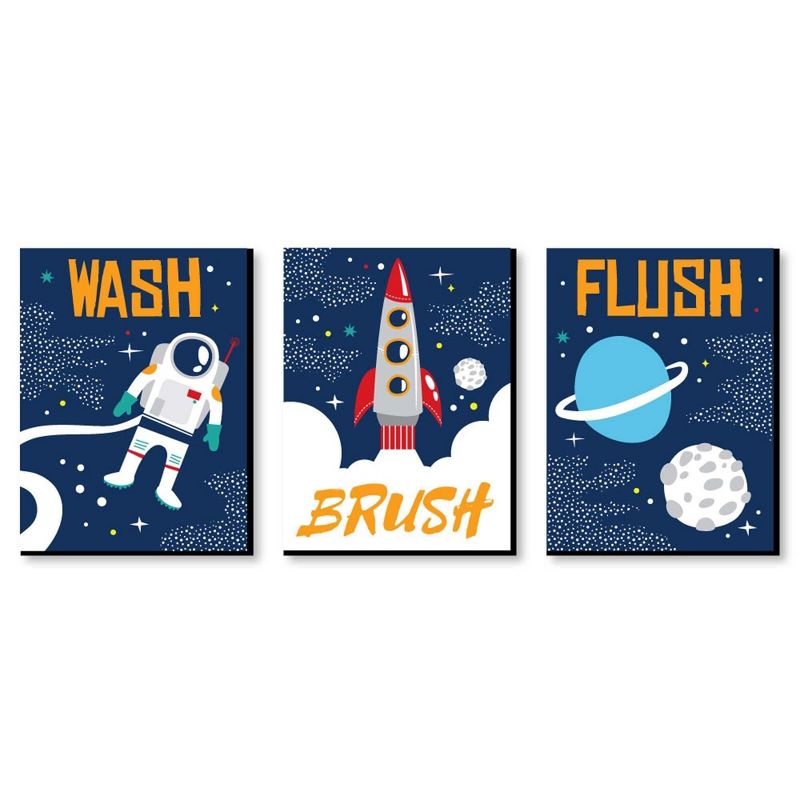 Big Dot of Happiness Blast Off to Outer Space - Kids Bathroom Rules Wall Art - 7.5 x 10 inches - Set of 3 Signs - Wash, Brush, Flush, 1 of 8
