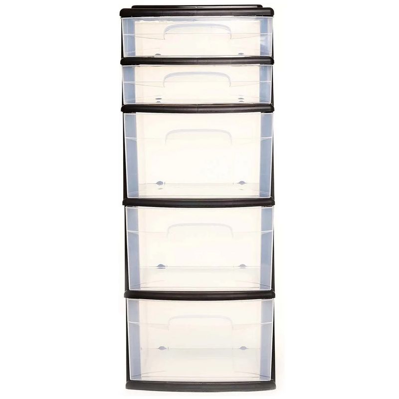 Homz Plastic 5 Clear Drawer Medium Home Organization Storage Container Tower with 3 Large Drawers and 2 Small Drawers, Black Frame, 2 of 9
