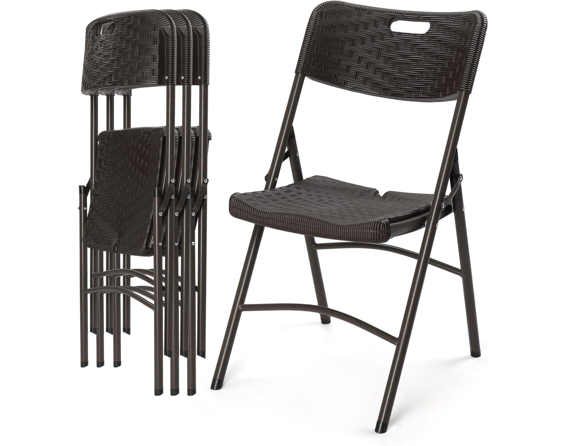 VINGLI Folding Chairs, Heavy Duty Foldable Chair Portable HDPE Plastic Seat with Steel Frame, Brown, 4 Pack