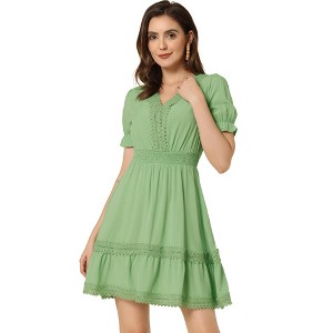 INSPIRE CHIC Women's V Neck Smocked Elastic Waist Short Sleeve Boho Crochet Trim Mini Dress - 1 of 4