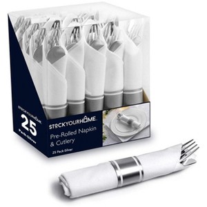 Individual Pre-Rolled Plastic Silverware Sets for Parties- Silver (25 Pack) - 1 of 4