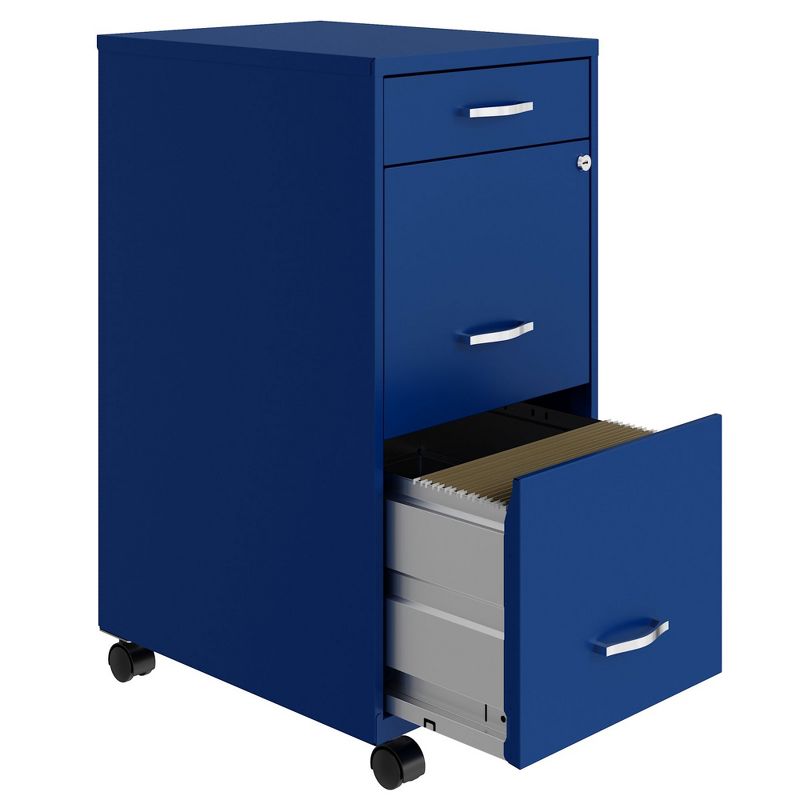 Space Solutions 18 Inch Wide Metal Mobile Organizer File Cabinet for Office Supplies and Hanging File Folders w/ Pencil Drawer & 3 File Drawers, Blue, 3 of 7