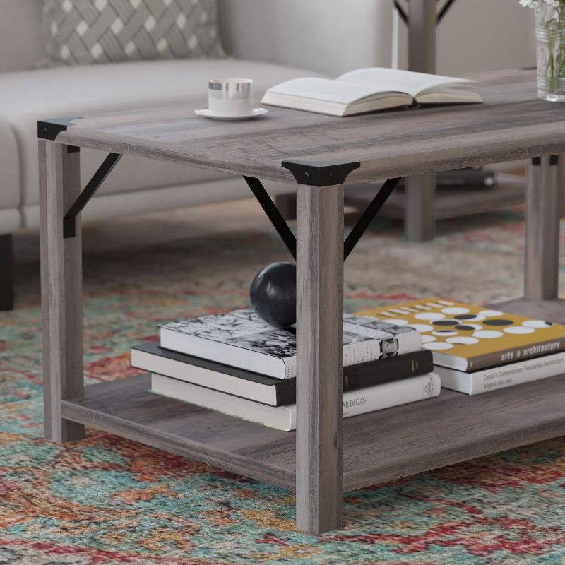 Flash Furniture Wyatt Modern Farmhouse Wooden 2 Tier Coffee Table with Metal Corner Accents and Cross Bracing, 5 of 12