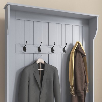 Gray Engineered Wood Hall Tree with Storage Bench and Metal Hooks