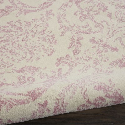 Ivory and Pink Synthetic Damask 7' x 10' Area Rug